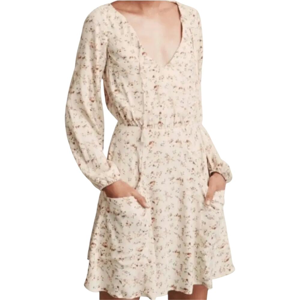 Reformation Misha Dress Fit & Flare Mini Floral V Neck Peasant Pocket Beige 2